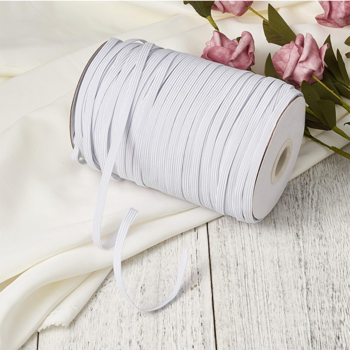 ERINGOGO 1 Roll 91m White Polyester Elastic Band for Face Mask Ear Straps, Flat Stretch Cord 12mm Wide, Lasting Use and Easy to Cut, for Apparel and Costume Making