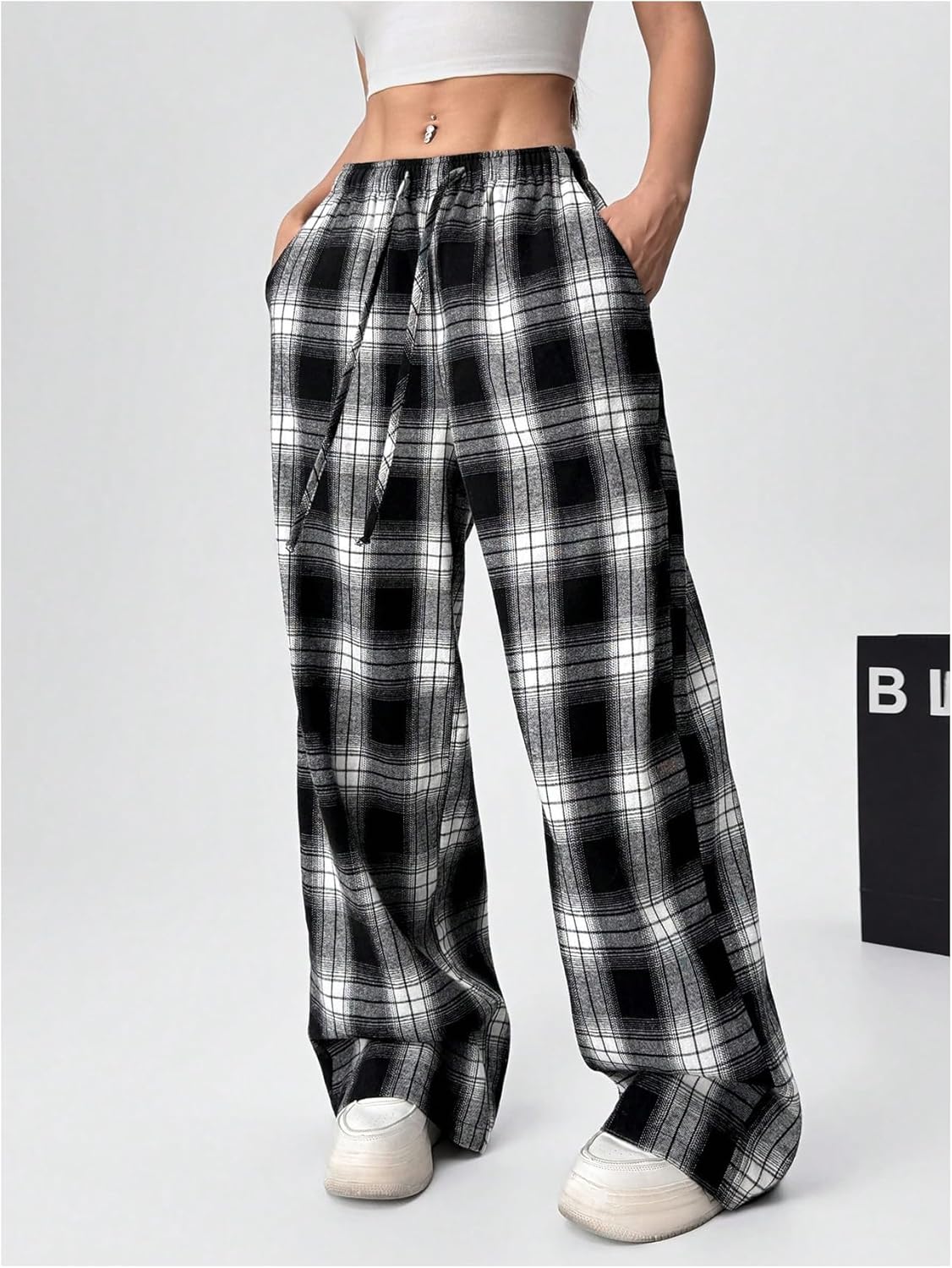 SOLY HUX Women's Plaid Print Wide Leg Pant Elastic Low Waist Drawstring Pocket Casual Baggy Pants - Image 2