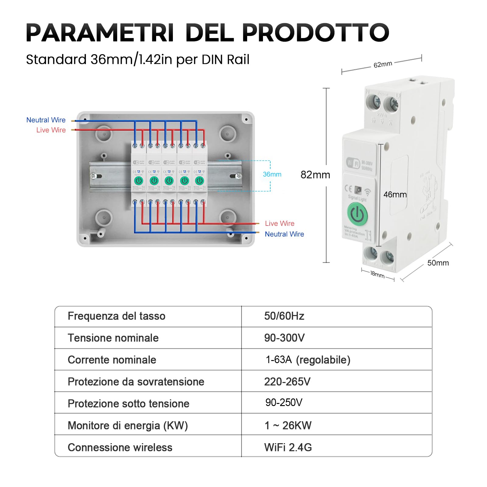 Interruttore Smart WiFi Interruttore su Guida DIN Interruttori WiFi con Controllo Remoto/Timer Interruttore Automatico Intelligente Tuya con Misurazione Della Potenza per Smart Home 1-63A | Tuya - Interruttore di corrente WiFi con misurazione della potenz