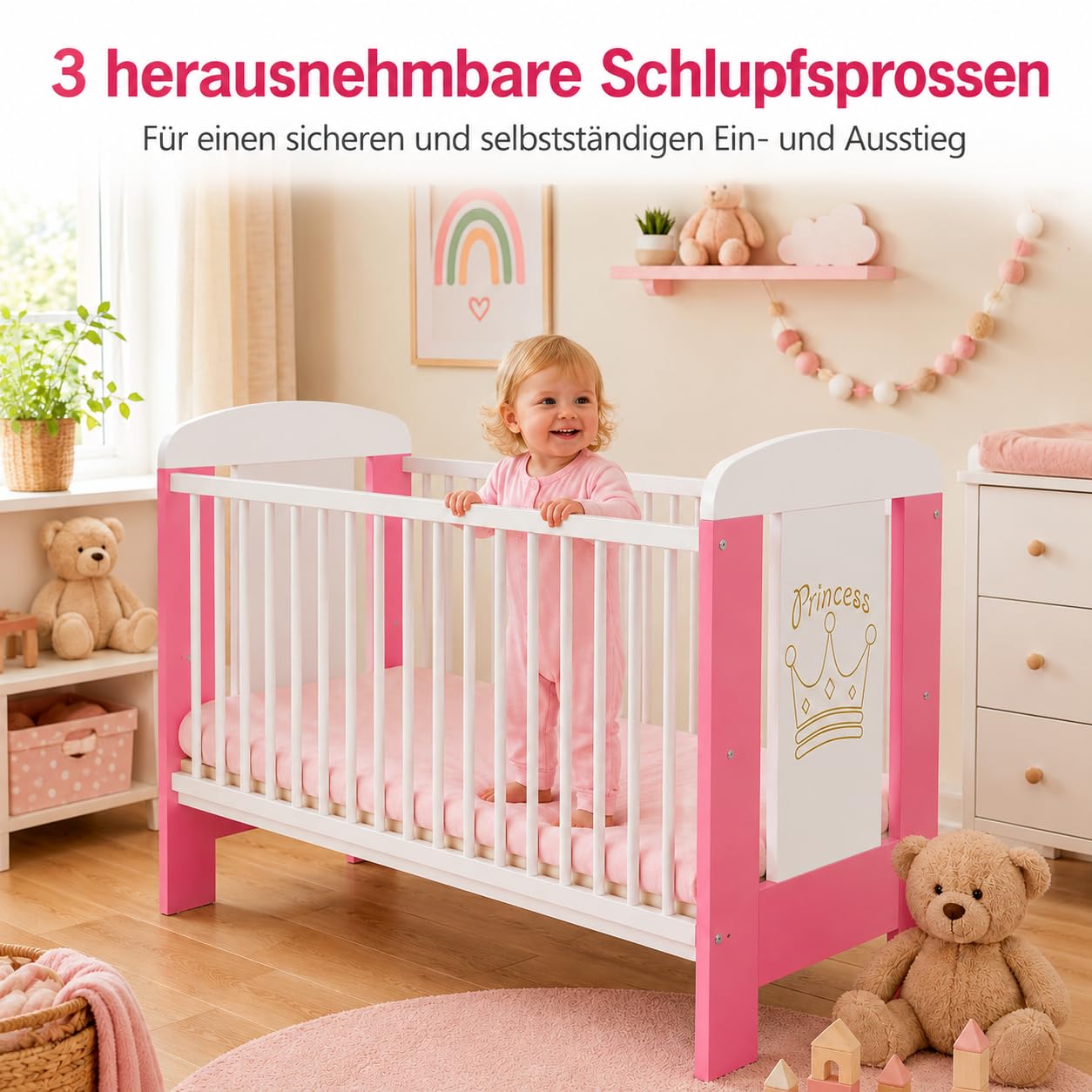 Kompletny zestaw łóżeczka niemowlęcego w 3 kolorach: łóżeczko z kratką, Baby Crib z materacem piankowym 10 cm, białe, 60 x 120 cm, 4-częściowy (różowy księżniczka z materacem)
