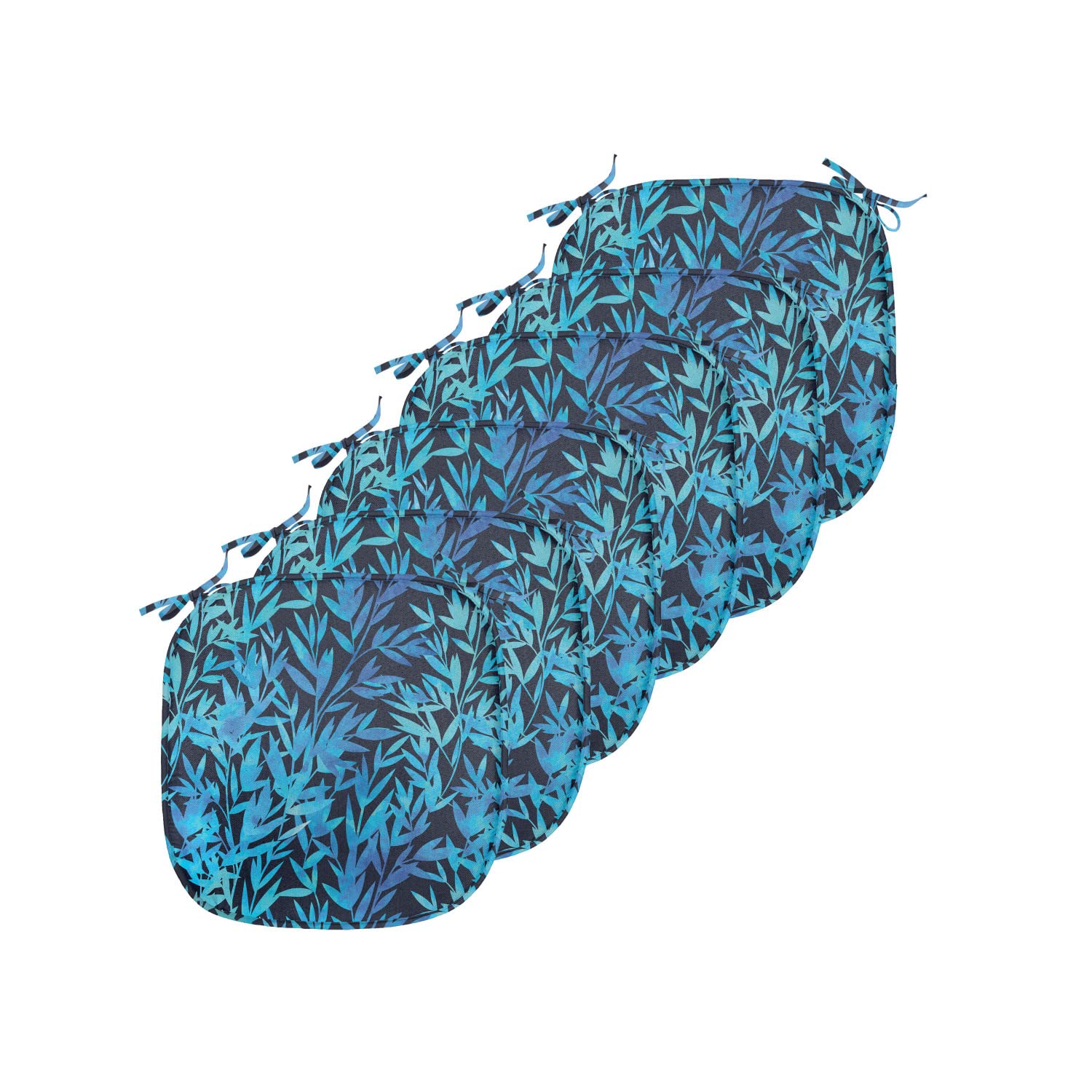 Lunarable Leaf Print Chair Seating Cushion Set of 6, Watercolor Hawaiian Inspired Nature Exotic Silhouettes on Dark Back, Anti-Slip Seat Padding for Kitchen & Patio, 16"x16", Violet Blue Turquoise