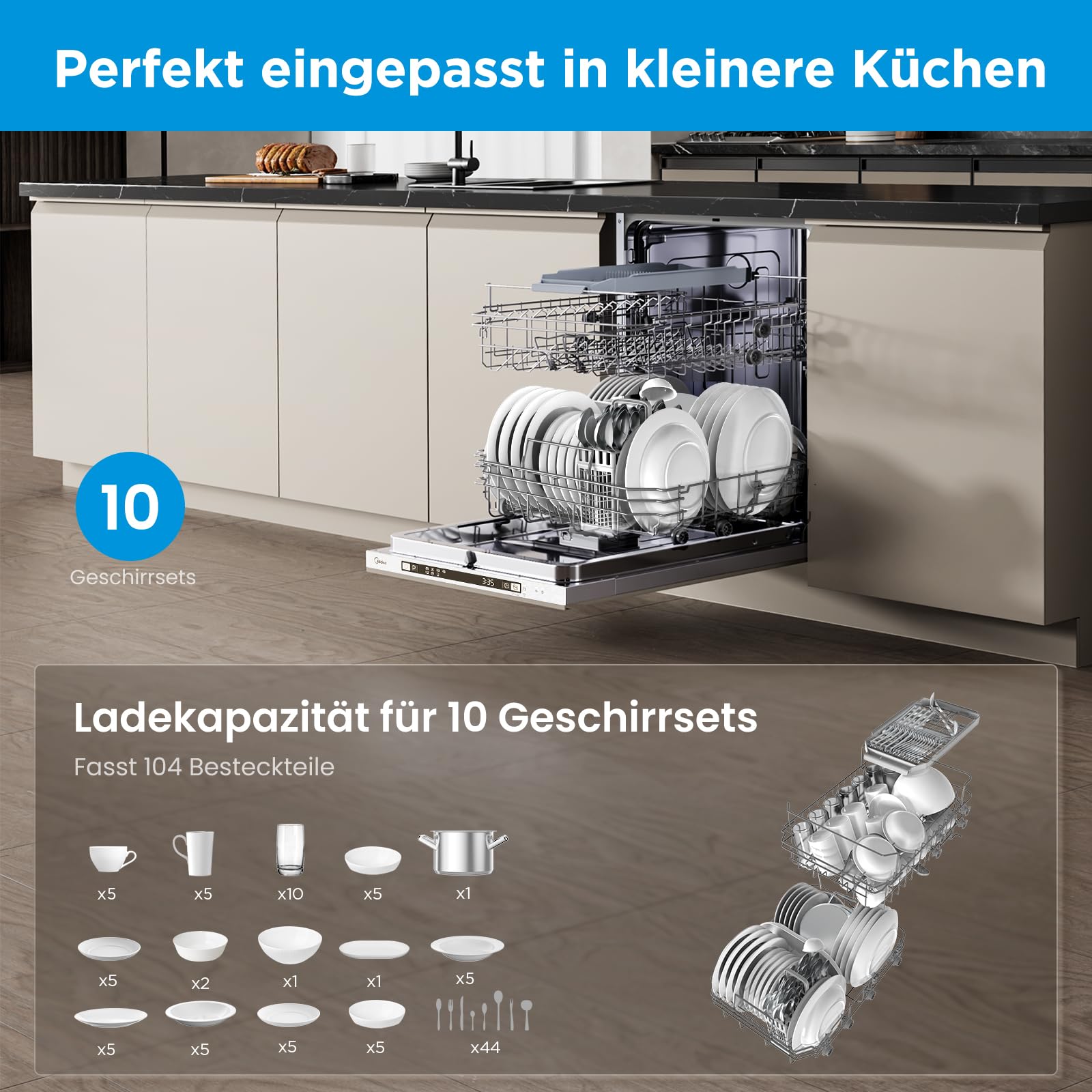 Midea SV 5.14K10C - Lavastoviglie completamente integrata 45 cm, 10 soffitti a misura, lavabile in lavastoviglie con WiFi, 8 programmi, 44 dB, apertura automatica della porta, 0-24H, in acciaio inox