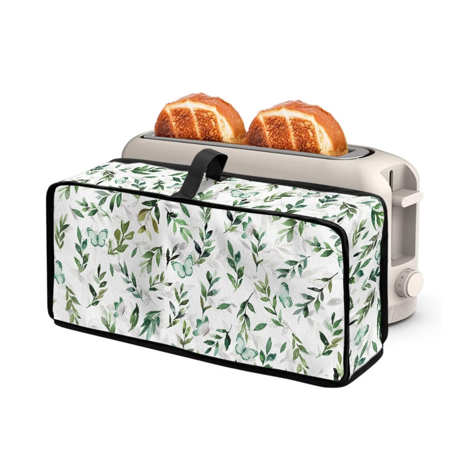 Green Leaf Butterfly Kitchen Small Appliance 2 Slice Long Slot Toaster Dust Cover with Top Handle, Stain Resistant Dust Protection Slim Bread Machine Cover for Two Slice Toaster