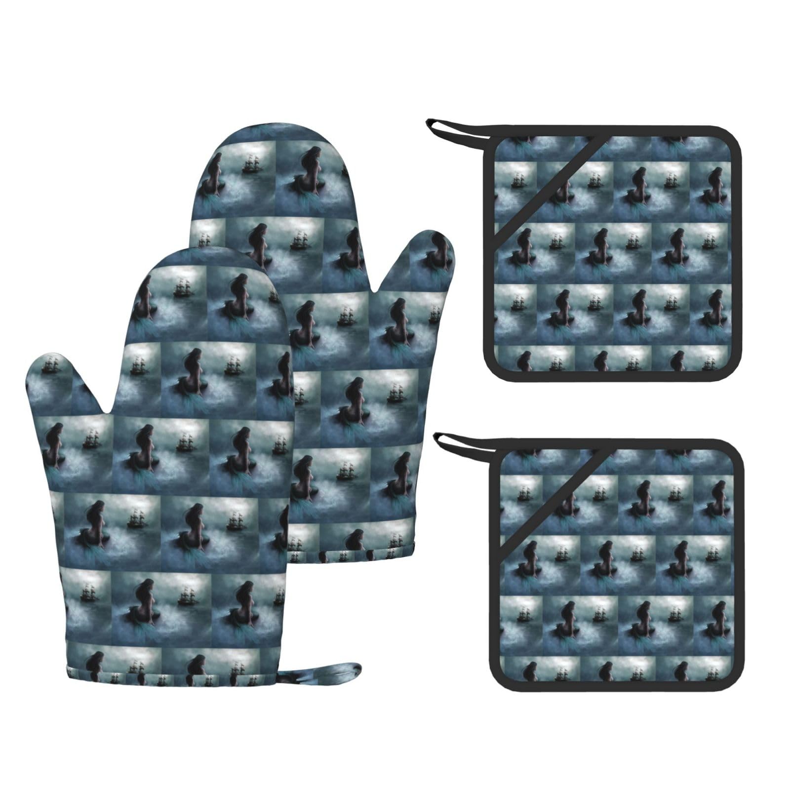 Mermaid Girl And Sailing on Sea Pirate Ship Printed Potholder and Oven Mitt Set of 4, High Heat Resistant Cooking Gloves for BBQ Grilling