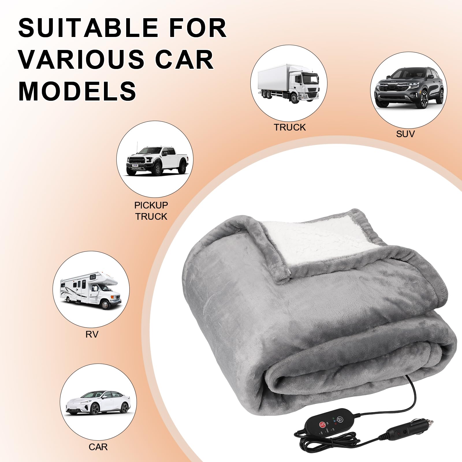 Couverture Électrique De Voiture 12V, Chauffage Rapide Et Lavable À La Machine, Avec Fonction D'arrêt Automatique Et 3 Niveaux De Température, Adapté Au Dos, Au Cou Et Aux Jambes
