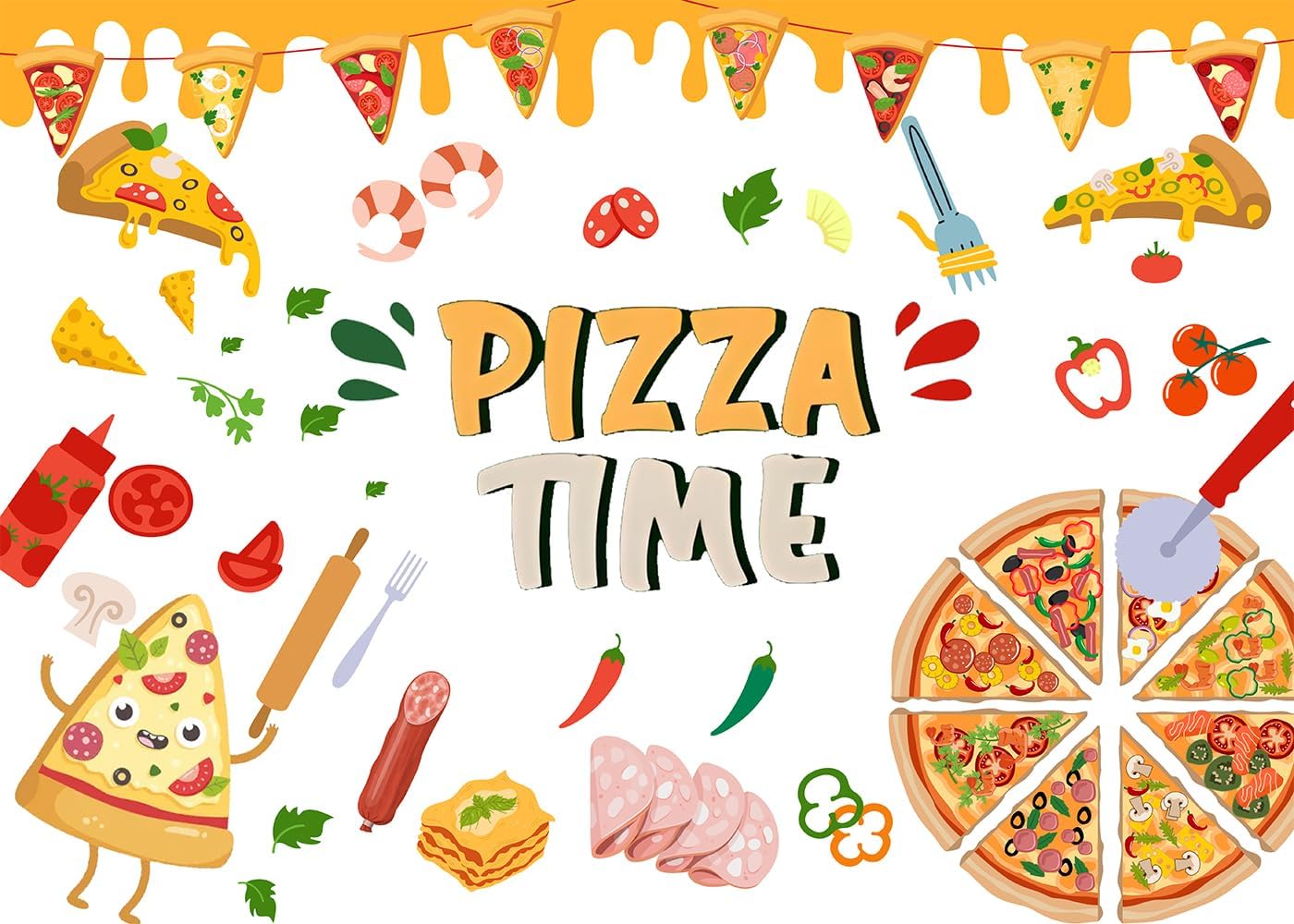 7x5 FT Pizza Backdrop Pizza Time Party Decorations Supplies Banner Cooking Theme Photo Background Baby Shower Birthday Party Decorations Dessert Cake Table Banner Photo Props