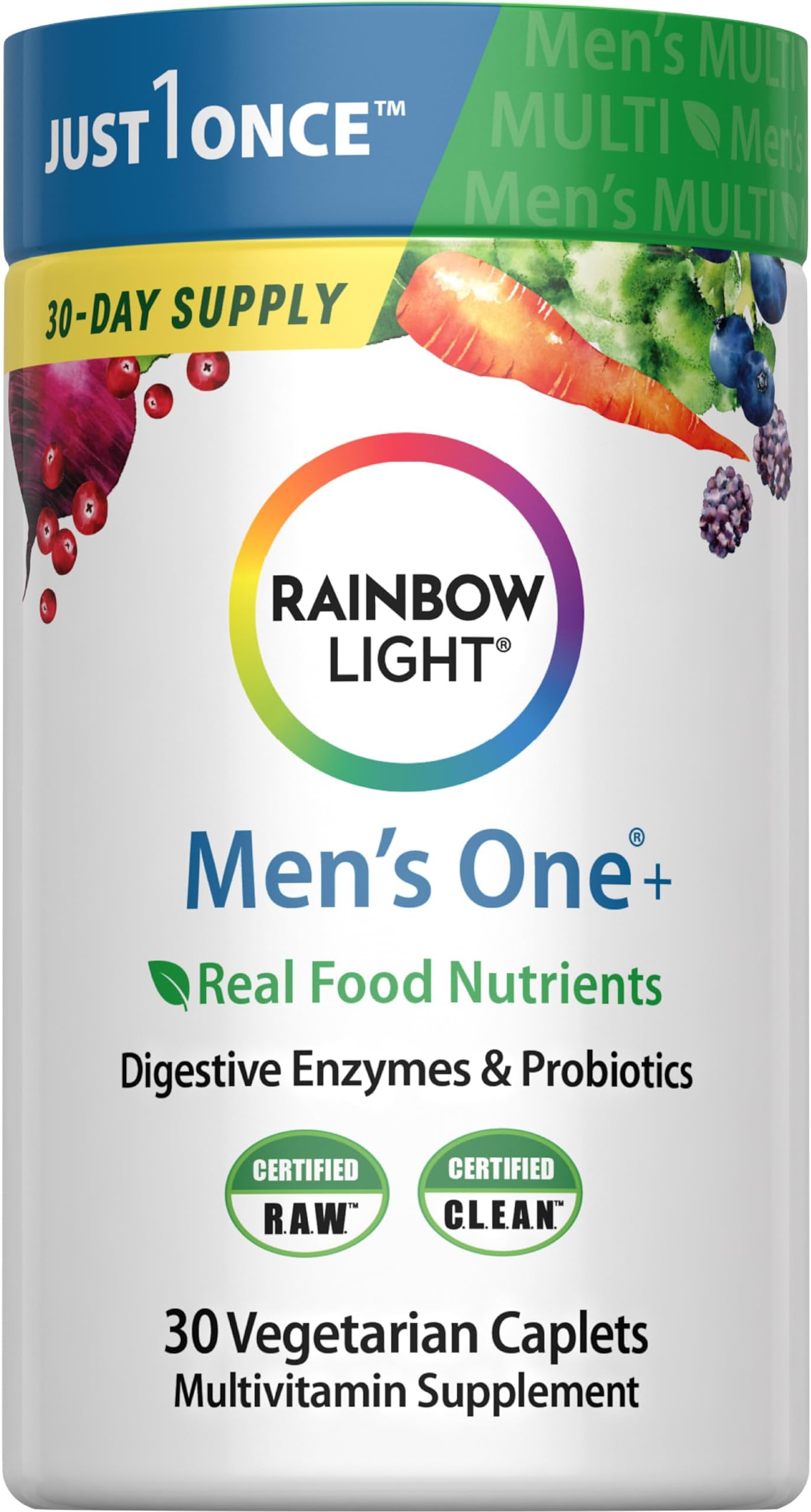 Mens Multivitamin One + | 30 Caplets | Real Food Nutrients, Digestive Enzymes & Probiotics