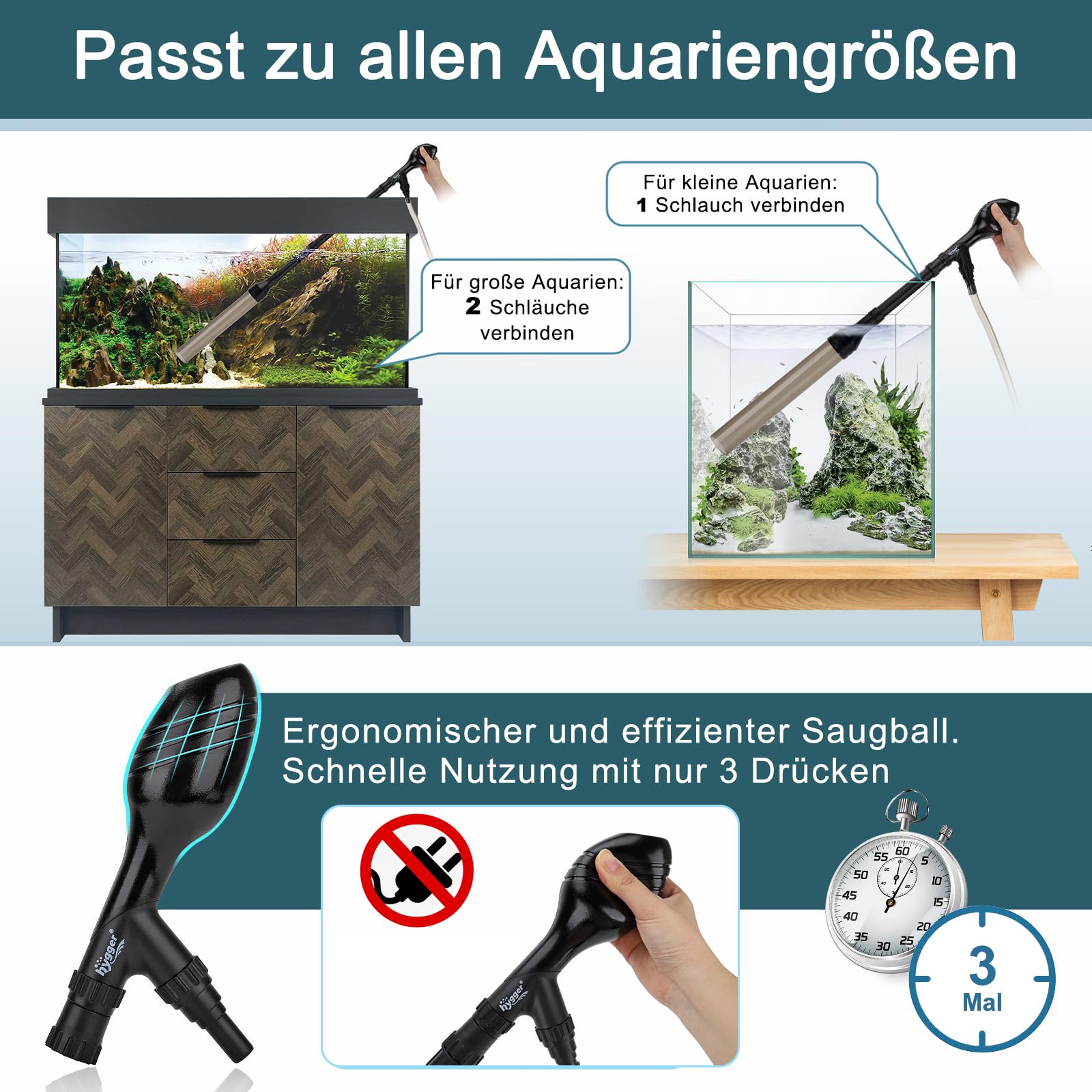hygger Mulmsauger Aquarium, 969 L/H Aquarium Sauger Reinigungsset | Geeignet für Niedrige Wasserstände, Integrierter Kneif & Greifsaugball, Verstellbare Länge Größe L Mittelgroßes Aquarium
