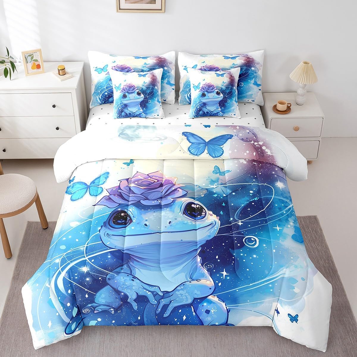 Erosebridal Comforters Twin Size Set with Sheets for Kids Cartoon Lizard - 7 Pieces Bed in a Bag Twin Reptile with Butterfly Bedding Sets with Comforter, Sheets, Pillowcases Pillow Covers