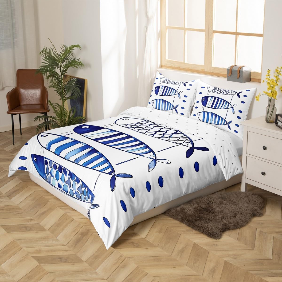 jejeloiu Ocean Fish Duvet Cover Queen Size Blue and White Ocean Comforter Cover for Boys Girls Nautical Fish Design Bedding Set 3Pcs Sea World Room Decor Breathable Soft Lightweight (NO Comforter)
