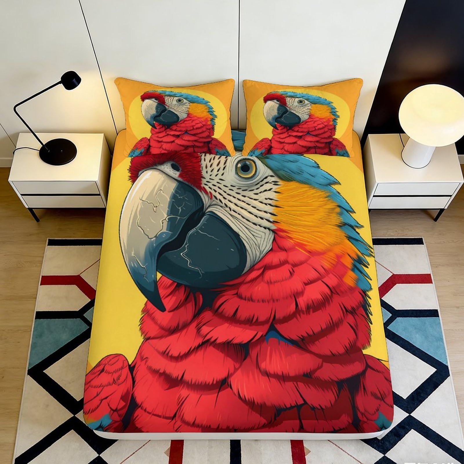 3D Printed Colorful Parrot Fitted Sheet Microfiber Soft Vibrant Tropical Bird Mattress Cover for Bedroom Guest Room Decor Protection 90x200x25cm