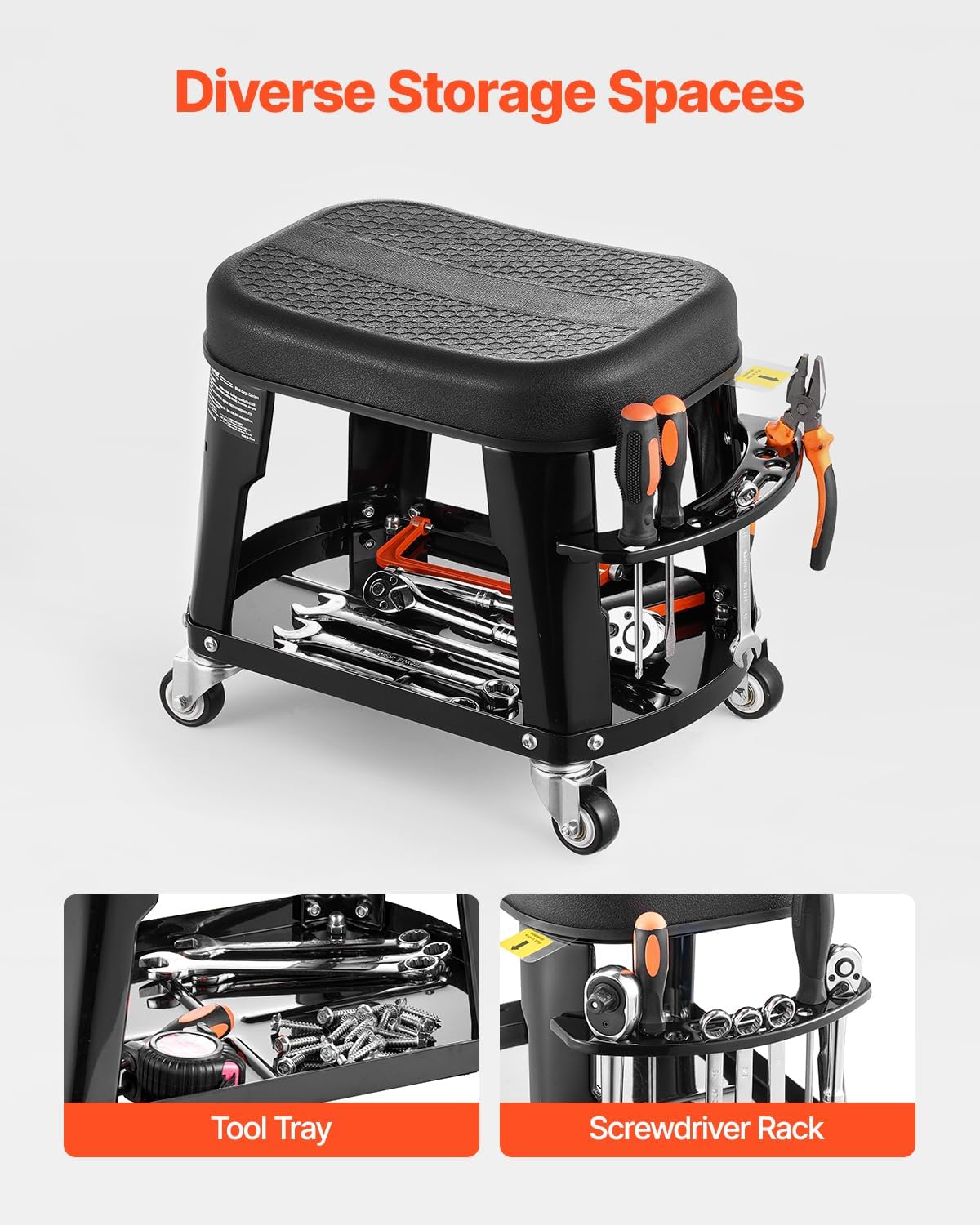 VEVOR Mechanic Stool, 300 lbs Capacity, Black, Industrial Style, Plastic Seat, Wheels, 360 Swivel, Tool Tray, Screwdriver Rack