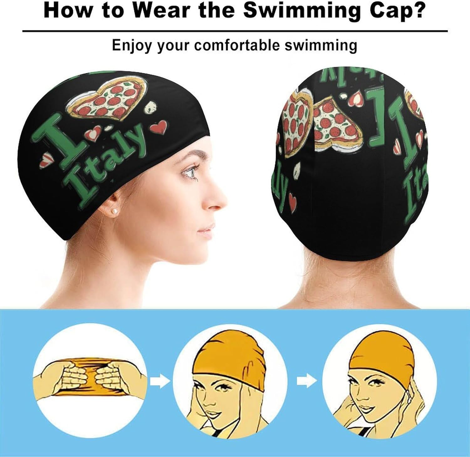 Italian Pizza I Love Italy Womens Swim Cap for Men Adult Swimming Hat Curly Short Medium Long Hair