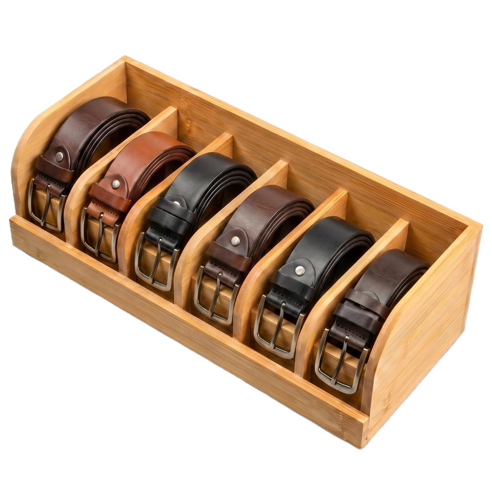 Nivofu Bambus Gürtel-Organizer zur Aufbewahrung, 6 Fächer für Herren und Damen, Platzsparender Gürtelhalter für Schrank und Schublade, Geeignet für Krawatten und Accessoires