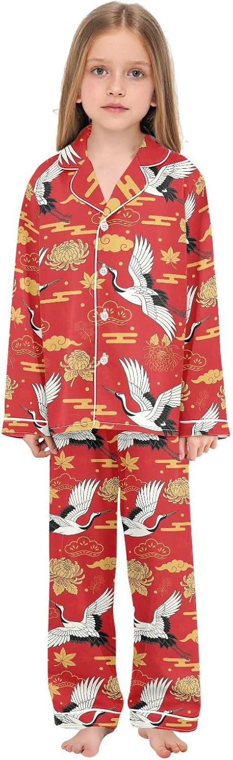 QUGRL Satin Pajama Sets Long Sleeve Button Down Sleepwear Silky Nightwear Loungewear 2 Piece PJS 5-14Y