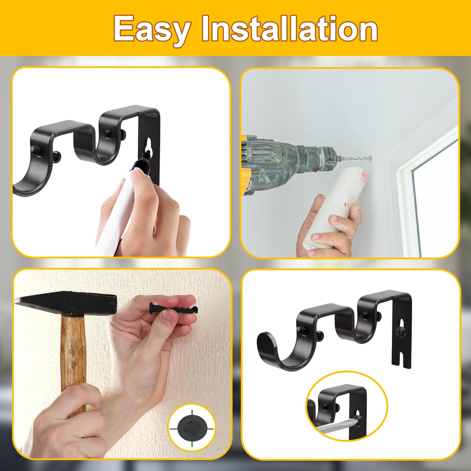 Double Curtain Rod Brackets - Black Wall Mount -4 Double Curtain Rod Brackets - Black Wall Mount -4