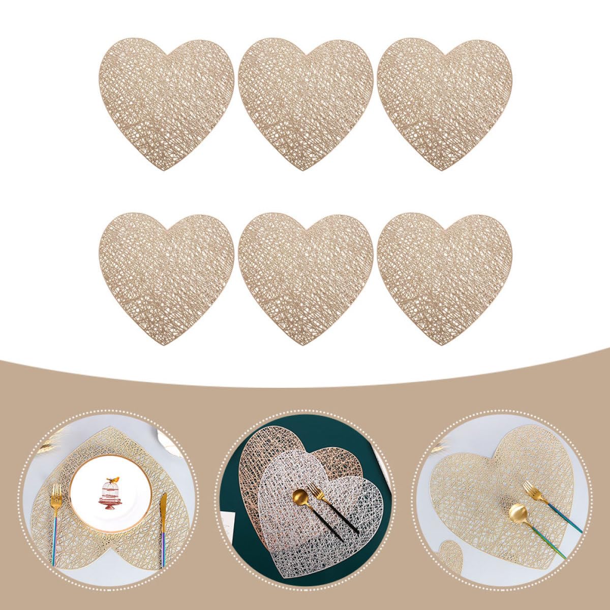 Tovagliette da Tavola a Forma di Cuore 6 Pezzi in Pvc Oro Resistenti al Calore Trama Fine per Decorazioni Casa e Matrimoni