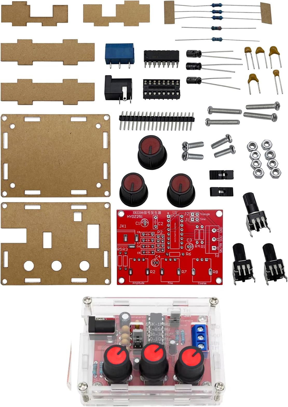 XR2206 High Precision Function Signal Generator DIY Kit Sine/Triangle/Square Output 1Hz-1MHz Adjustable Frequency Amplitude + Transparent Case Box
