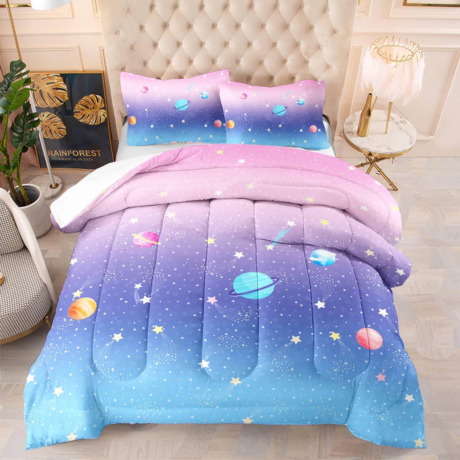 BailiPromise Space Comforter Set for Girls Boys Full Size 3 Pieces Colorful Stars Kids Bedding Sets Pink Blue Rainbow Bed Collections Pastel Galaxy Planets Duvet Set(1 Comforter, 2 Pillowcases)