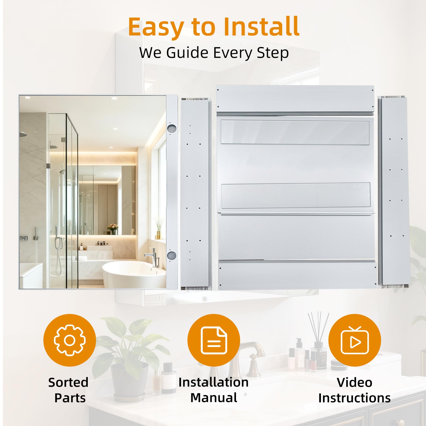 Botiquín de baño de 50 x 66 cm con espejo, marco de aluminio, ligero, resistente y atractivo, adecuado para empotrar o montar en la pared, estantes ajustables, vidrio templado, requiere