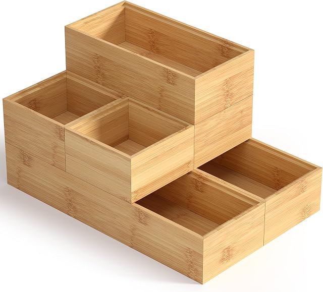 Rainsworth Stackable Drawer Organiser Bamboo - L, M, S Storage Boxes - 6-Pack Kitchen Cupboard Cutlery Drawer Organiser - Desk Tidy Organiser, Makeup Cosmetics Storage, Bathroom Storage