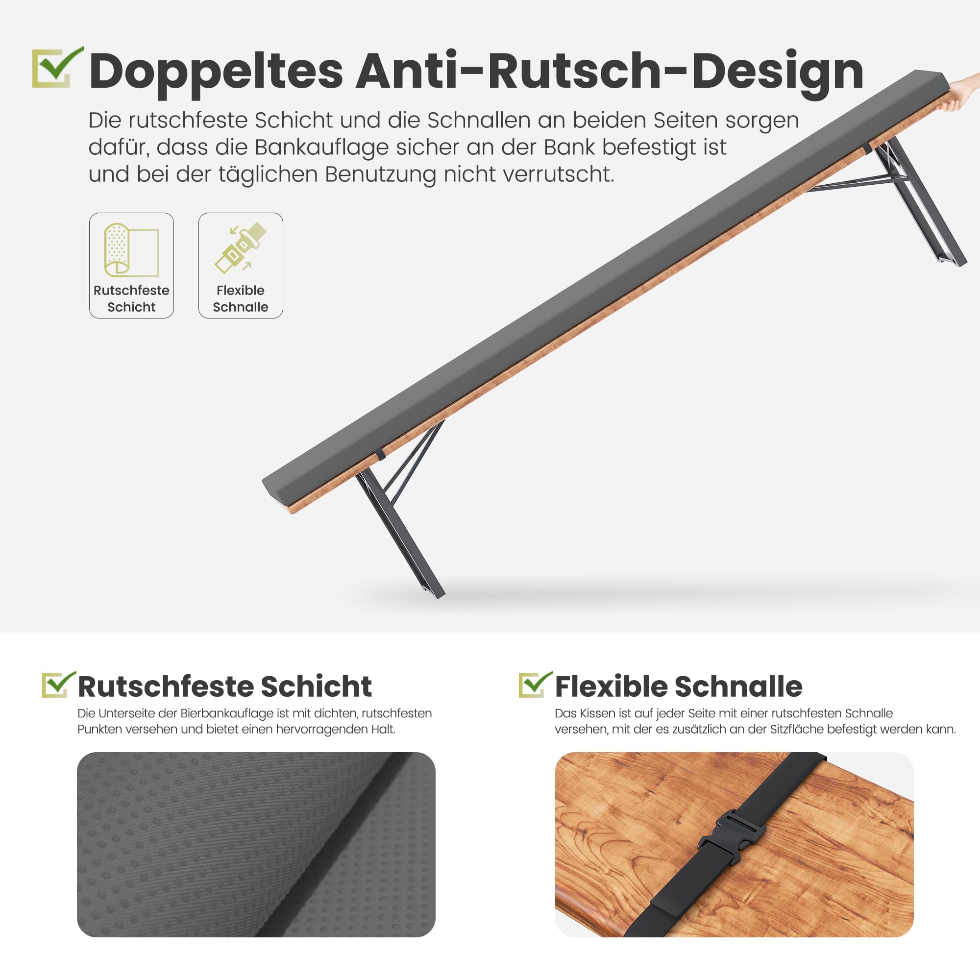 Amopatio 2er Set Bierbankauflage gepolstert, 180x25x4 cm XL Biertischgarnitur Auflagen Outdoor & Indoor, Bezug waschbar, Wasserdicht & UV-Schutz, Grau
