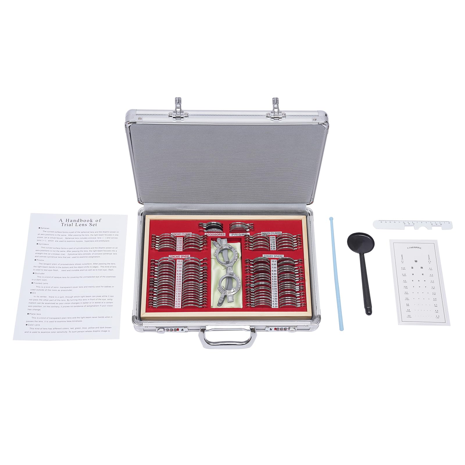 Lot de 104 lentilles de test optométrie en métal avec lunettes de test Optométrie Optométrie avec monture métallique et étui en aluminium