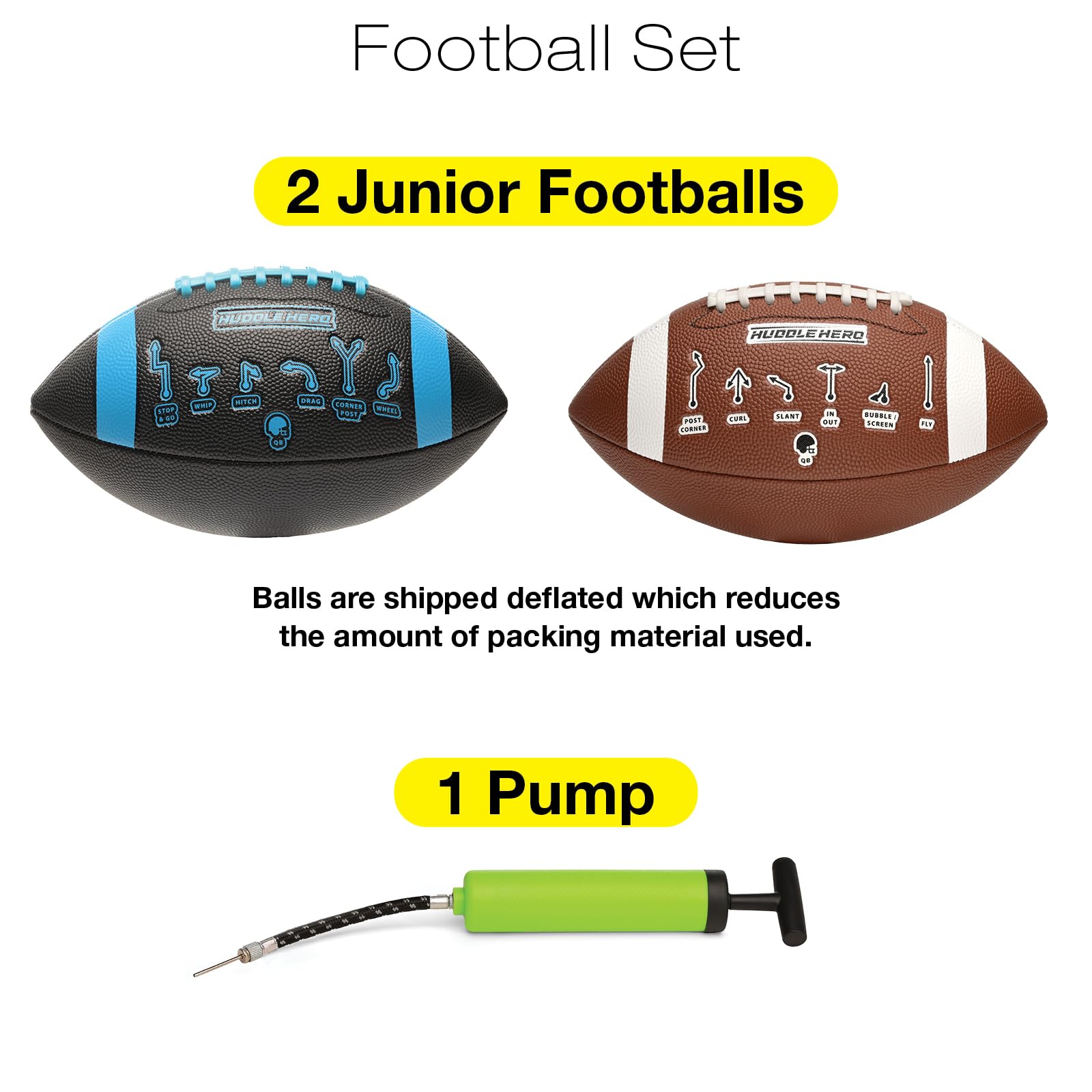Xcello Sports Huddle Hero Junior Football 2-Pack w/Pump (Black/Blue and Brown/White)
