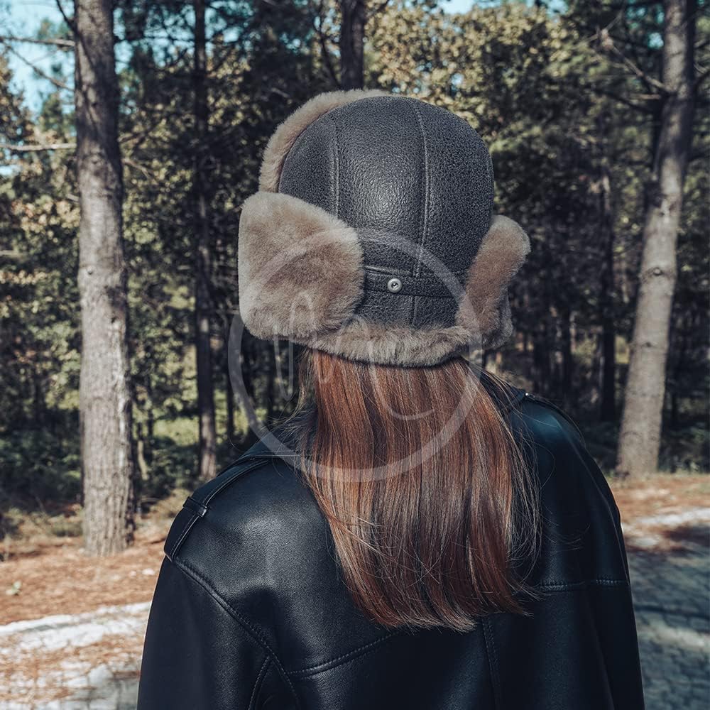 Ushanka Aviator Trapper Leather Hat - Men Women Sheepskin Fur Russian Soviet Earflaps, Warm Outdoor Winter Hat 2024 - Image 7