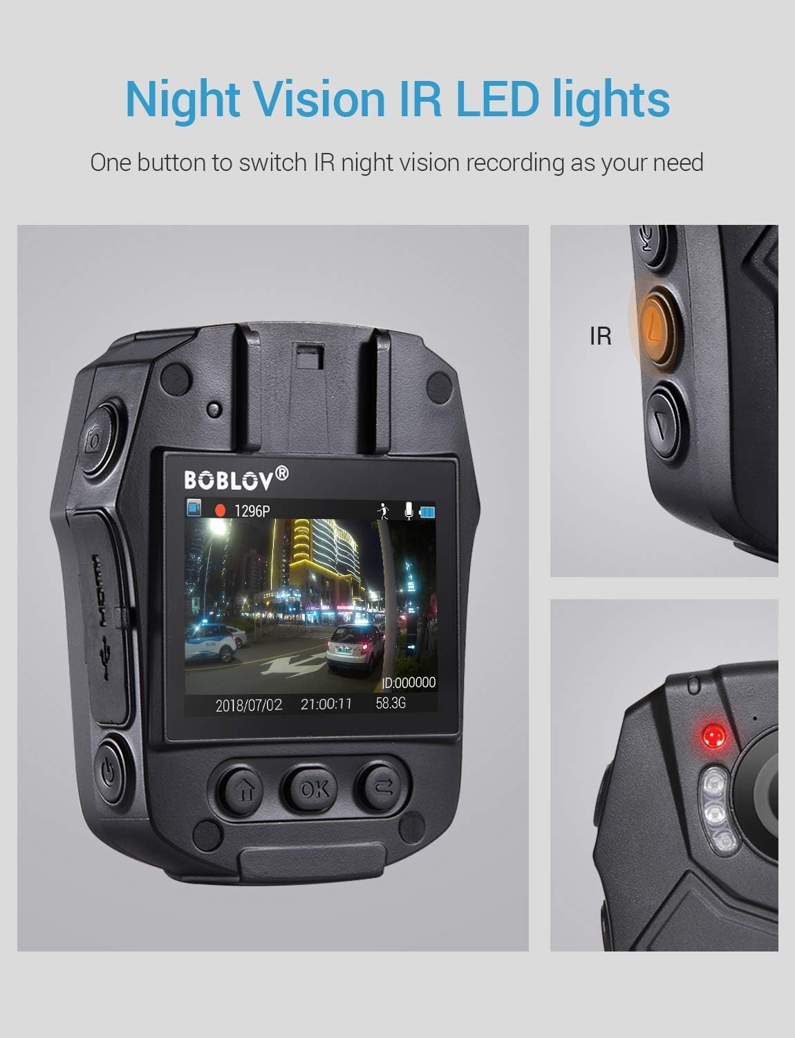 BOBLOV PD50 Body Camera showing its night vision IR LED lights, with a close-up of the IR button and the illuminated IR LEDs.