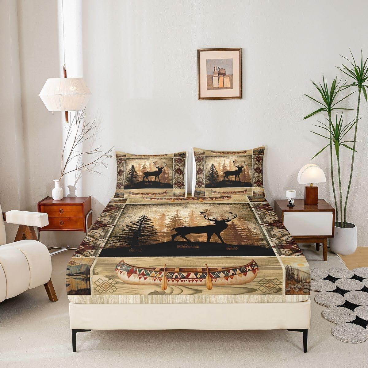Sabana Bajera 135x190 Estilo RúStico Sabanas Bajeras Estampadas Ciervo Salvaje Sábana Bajera Ajustable Suaves, Elastico Funda Colchon con 2 Funda Almohada 50x80 cm, para Colchón de 30cm de Altura