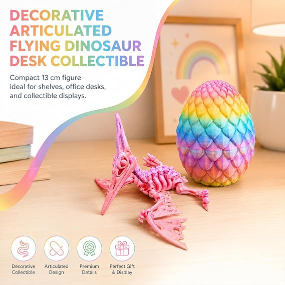 3D Printed Pterodactyl Skeleton Figure – Articulated Flying Dinosaur Toy with Movable Wings – Poseable Pterosaur Model with Dragon Egg, Prehistoric Reptile Collectible for Kids & Adults - Rainbow