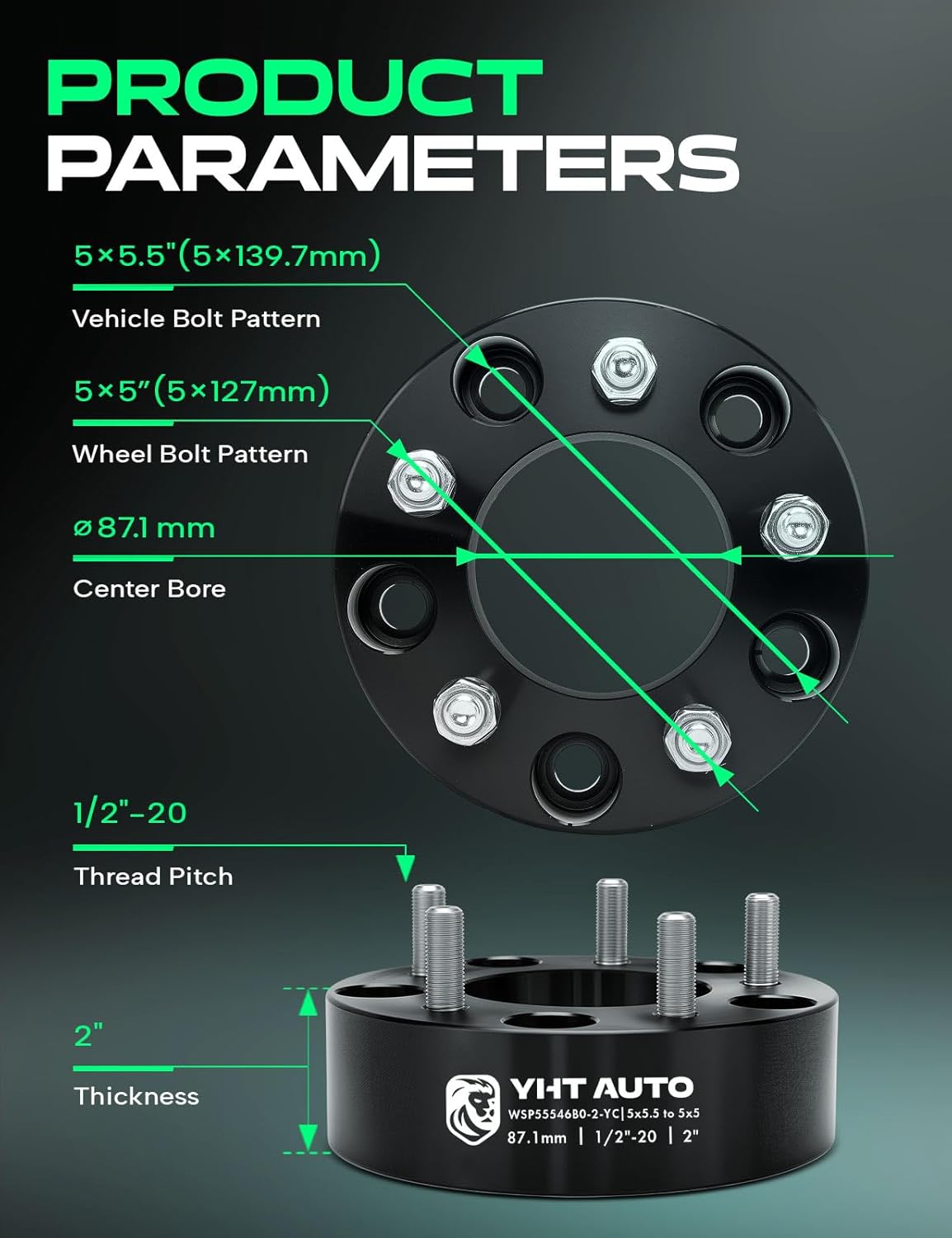 YHTAUTO 5x5.5 to 5x5 Wheel Adapters 2" Compatible with Dodge Ford Jeep Models: F-150 Ram 1500 Bronco CJ, Tire Spacers w/1/2-20 & 12.9 Grade Studs, 87.1mm Center Bore 5 Lug 2PCS Black
