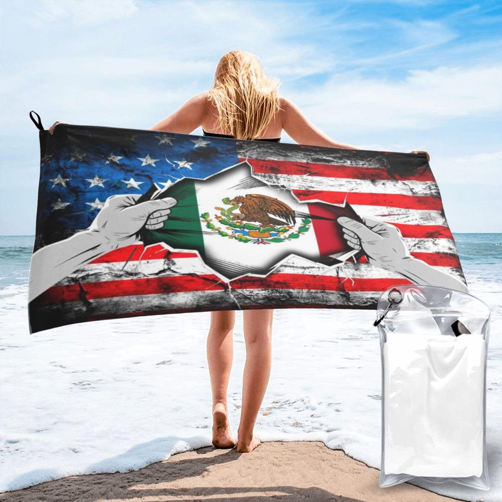 HACXZ American and Mexico Flag Vintage Beach Towel Lightweight Absorbent Beach Towel Microfiber 31.5"X63"