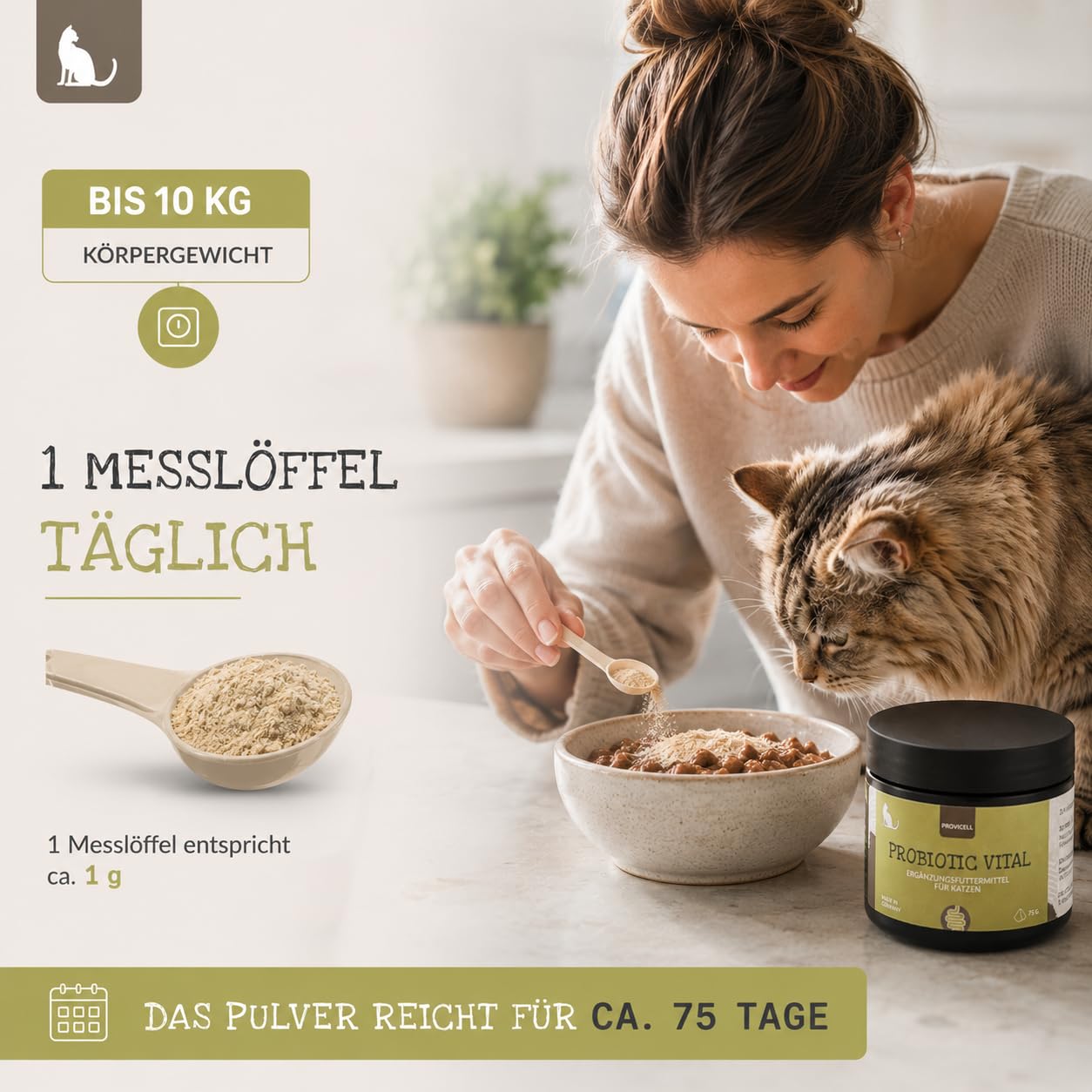 Probiotic Vital Katze - Probiotika & Präbiotika Pulver für Katzen 75g – Unterstützt die Normale Verdauung – Nur 1 Bakterienstamm & Ballaststoffe - Mit Tierärzten in Deutschland entwickelt