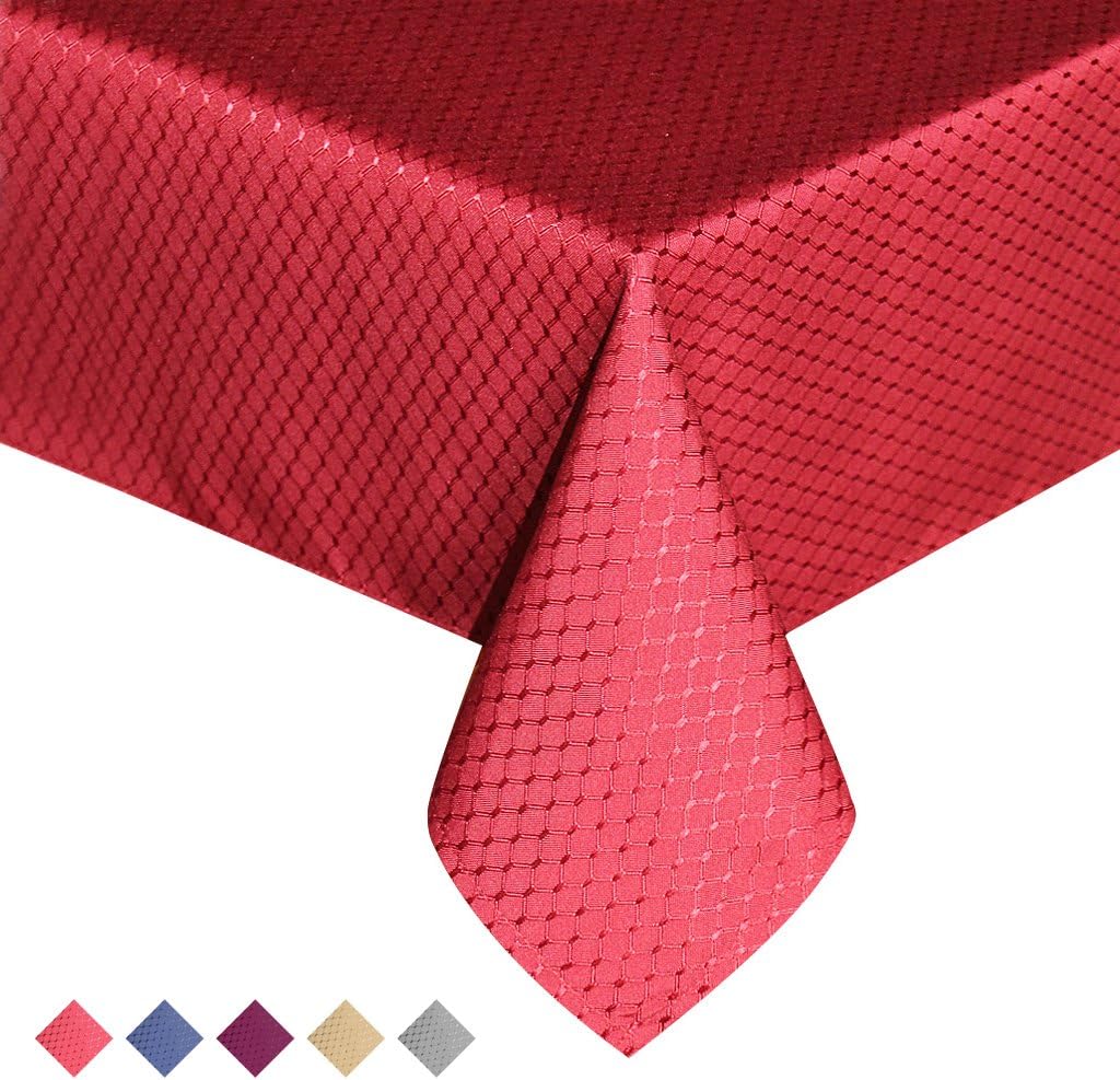 ColorBird Elegant Waffle Jacquard Tablecloth Waterproof Polyester Fabric Washable Table Cover for Valentines Day Kitchen Dinning Tabletop Decoration (Rectangle/Oblong, 60 x 102 Inch, Wine Red)