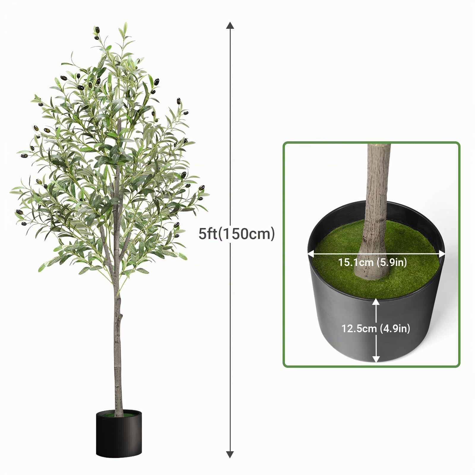 Alyvisun 150cm Olivo Pianta Artificiale, Piante Finte da Interno con Foglie D'olivo Realistiche e Base Inferiore Ispessita con Peso in Cemento, Olivo Artificiale Grandi for Living Room Bedroom Office