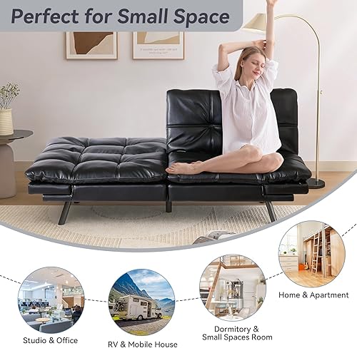 Miniatura 7 de Hcore Sofá de futón de espuma de memoria,Cama de dos plazas,Pequeño sofá moderno con respaldo dividido, PU negro