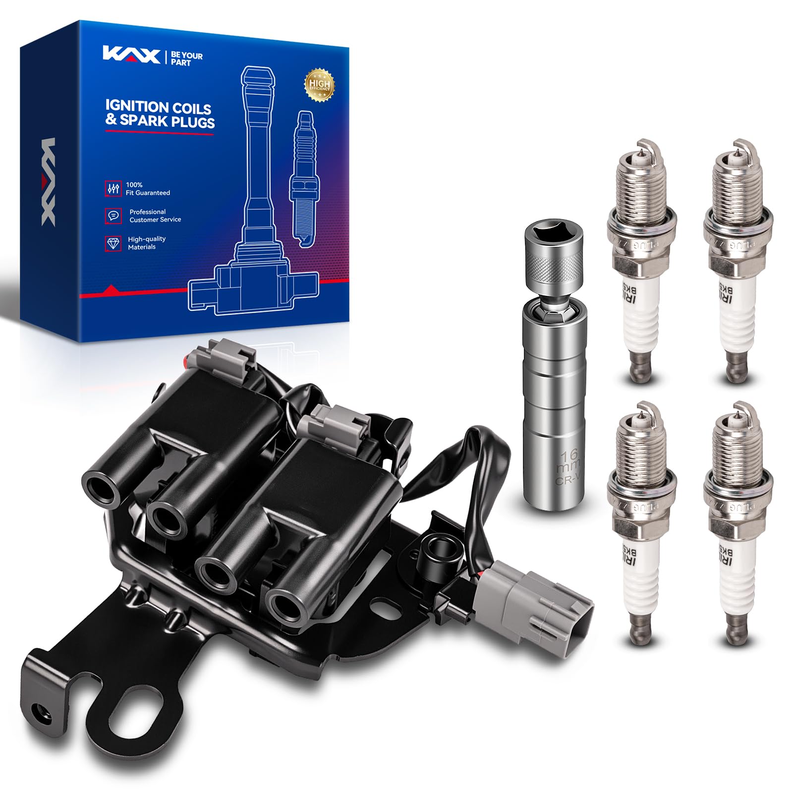 KAX Ignition Coil &amp; 4 Spark Plugs Set for 2003-2006 Hyundai Elantra
