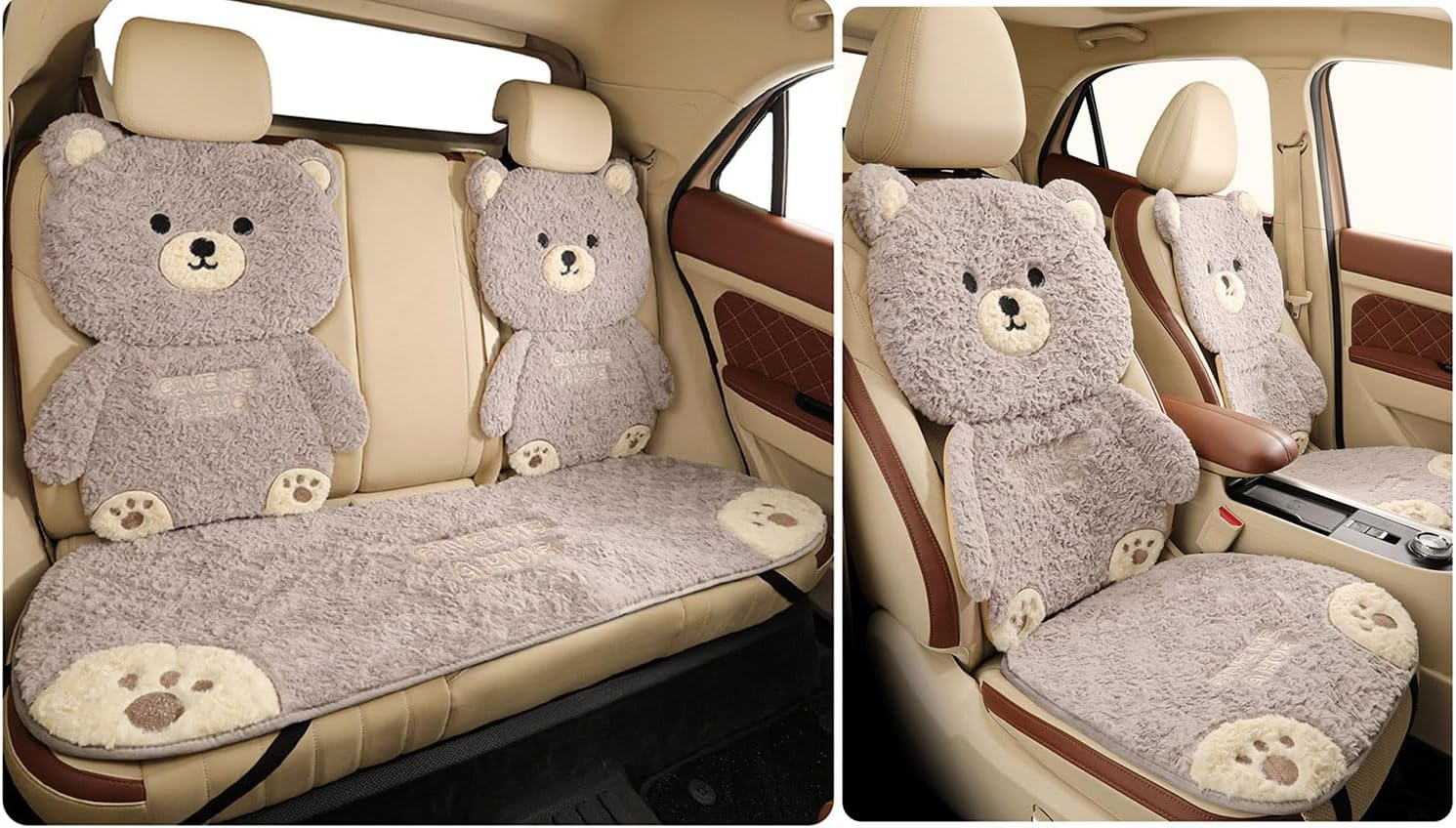 acdiac Kawaii Bear Car Seat Cover Cushion Pad Set, Universal fit Fluffy Cartoon Full Car Interior Decorators Accessories (Gray, 7-Piece/Set)