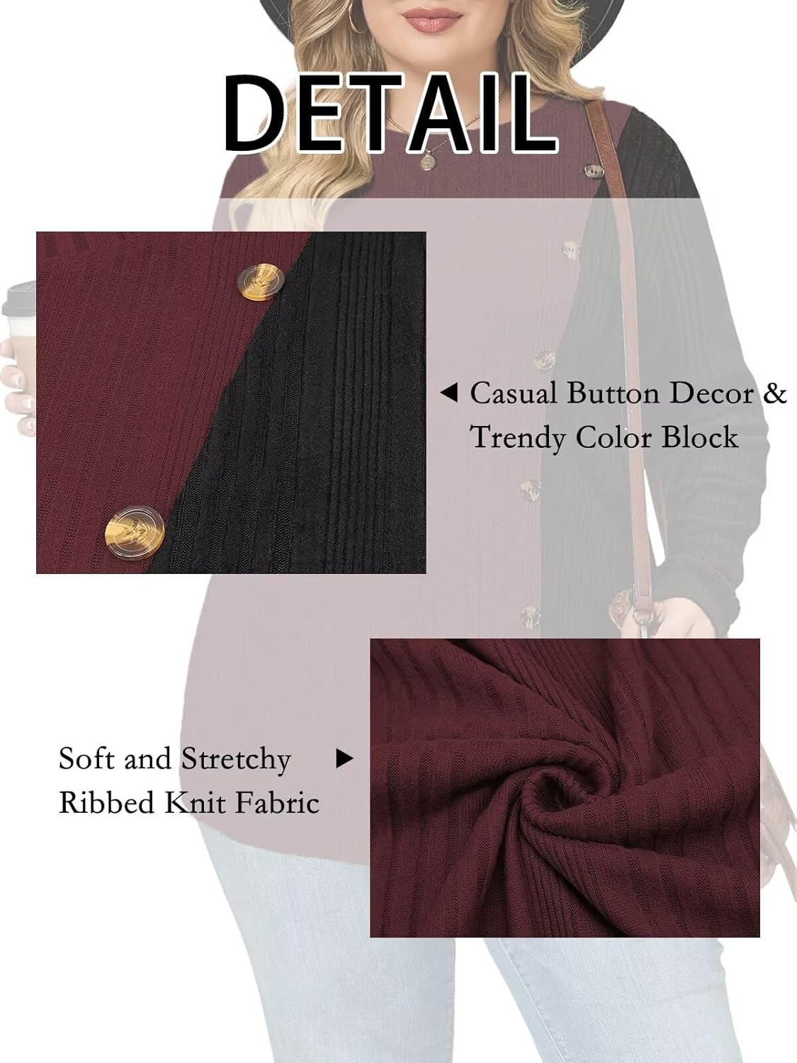 VISLILY Womens-Plus-Size-Long-Sleeve-Tops Color Block Lightweight Sweaters Casual Crewneck Shirts Button Decor Tunics Blouses - Image 5