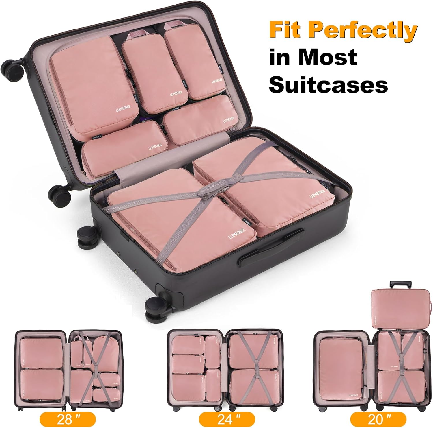 Compression Packing Cubes, Lumesner 8 Set Travel Packing Cubes for Carry on Suitcases, Compression Suitcase Organizers Bag Set & Travel Cubes (8-piece, Pink) - Image 3