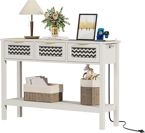 Miniatura 13 de Mesa de entrada bohemia, mesa consola de ratán, consola de entrada de madera, mesa de pasillo larga con 3 cajones y estante abierto para sala de