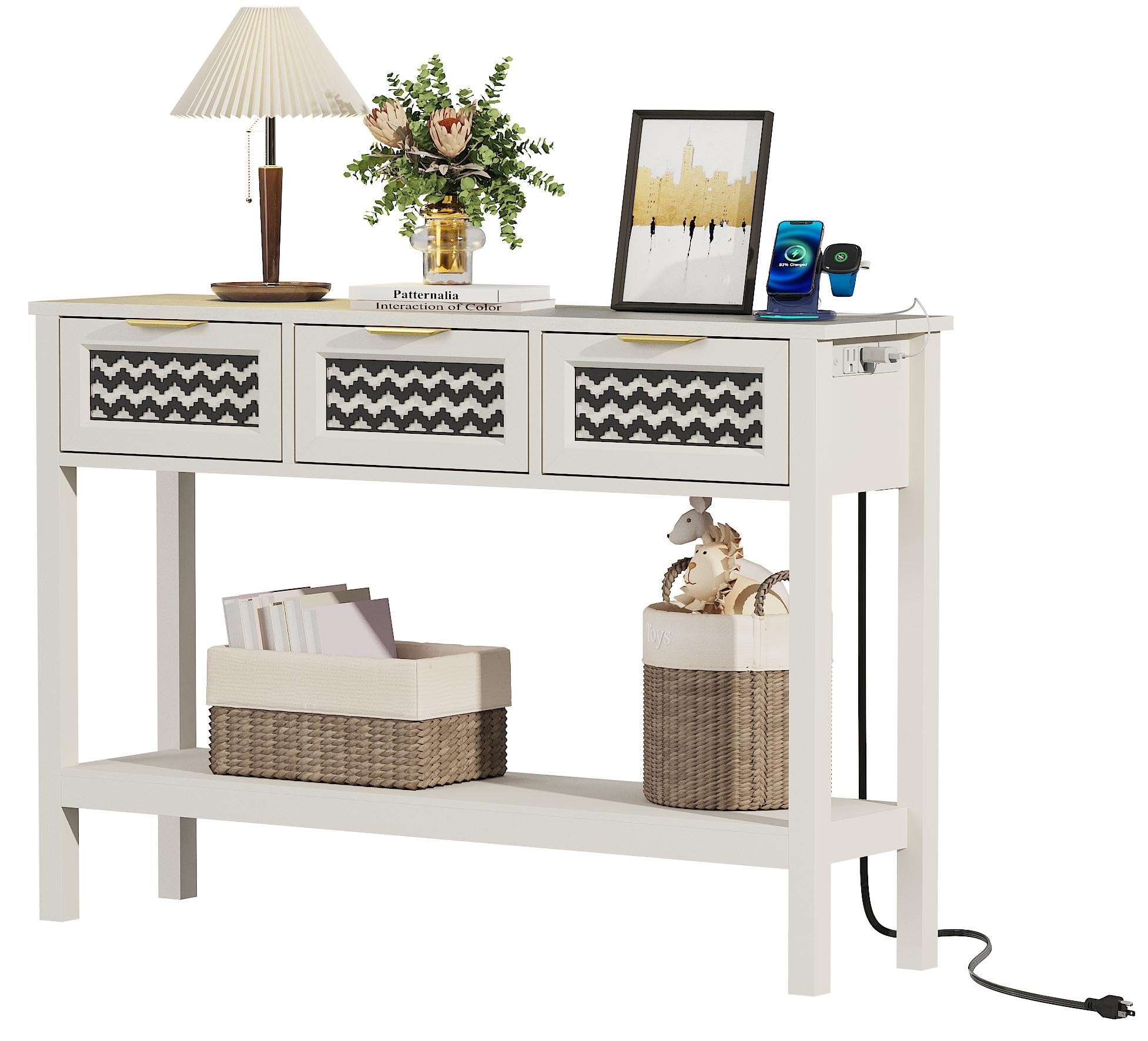 LOUVIXA Boho Entryway Table, Rattan Console Table, Wood Entryway Console, Long Hallway Table with 3 Drawers & Open Shelf for Living Room, Hallway,
