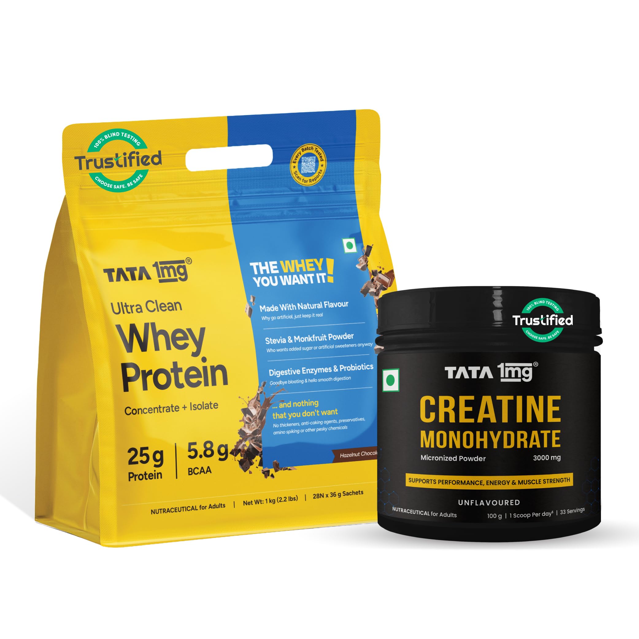 Tata 1mg Creatine Monohydrate 250gm +Tata 1mg Whey Protein Hazelnut Chocolate-image-1