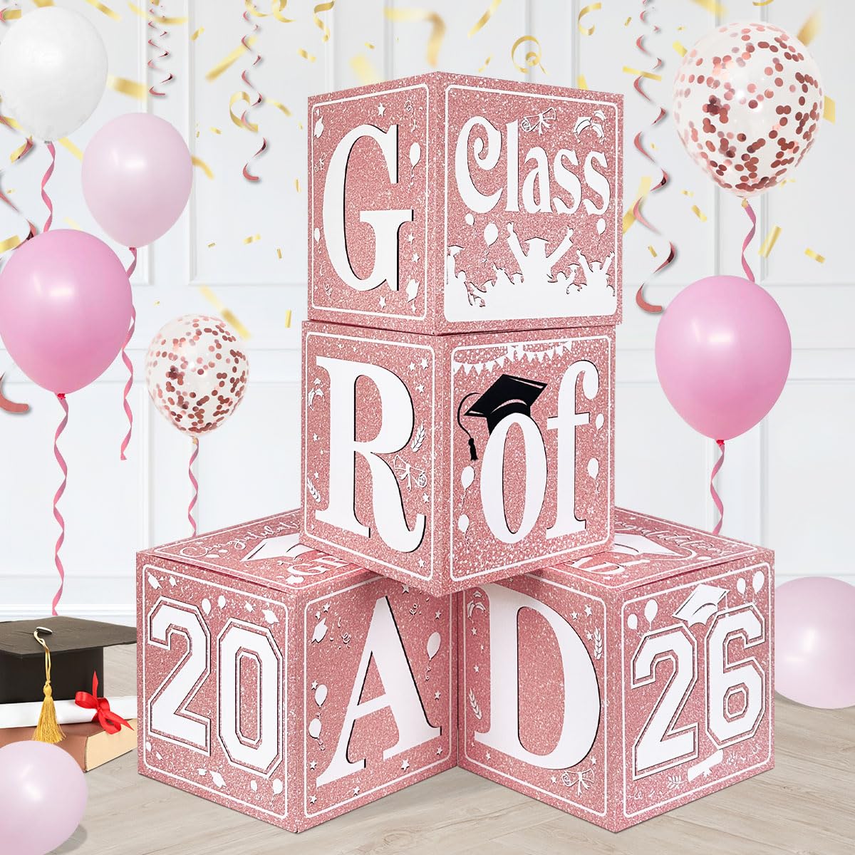 Pink Graduation Decorations Class of 2026 Graduation Boxes Pink White Congrats Grad Balloon Boxes for High School College Grad Party Supplies (Pink