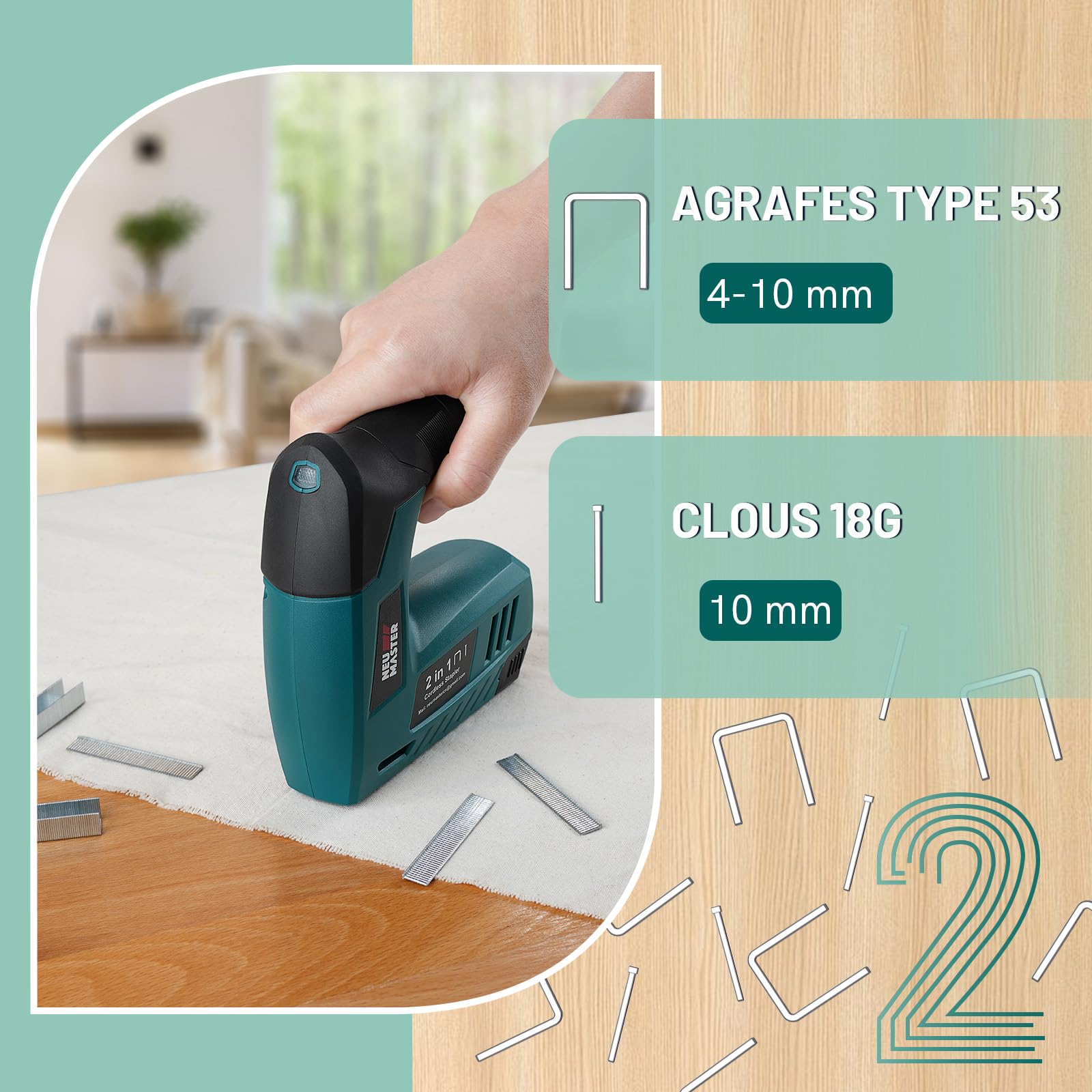 NEU MASTER Agrafeuse Électrique, 2-en-1 4V Cloueuse Electrique Sans Fil avec Câble de Charge, 1000 Agrafes & 1000 Clous Inclus, Idéal pour l'Artisanat, le Bricolage et la Décoration Intérieure