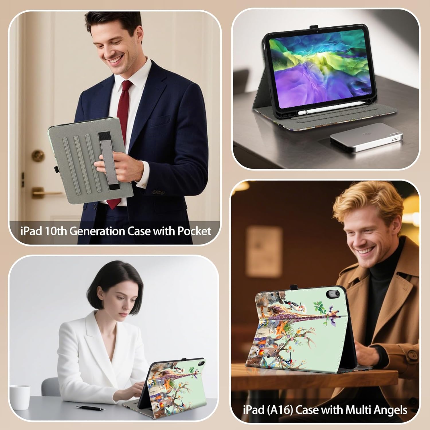 Case for iPad (A16) 11 Inch, for iPad 10th Generation 10.9 Inch Case with Pocket & Pencil Holder, Multi-Angle Viewing Soft PU Leather iPad 10th Gen Protective Cover, Animal Party