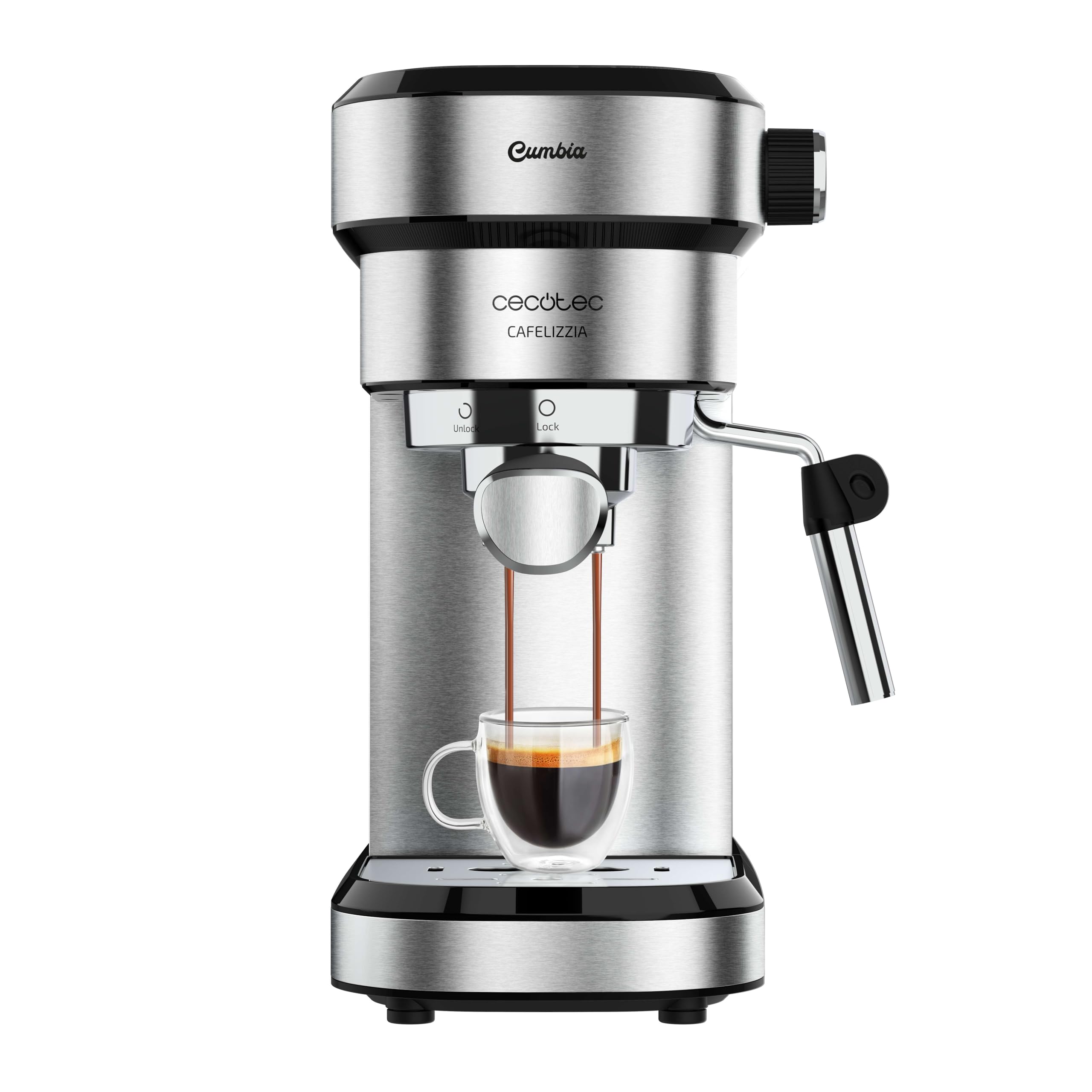 Cecotec Cafetera Express con Doble Salida Cafelizzia Steel. 1350W, Brazo Portafiltro con Dos filtros, Vaporizador Orientable, 20 Bares de Presión, Depósito ExtraÃble de 1,2L, Acero