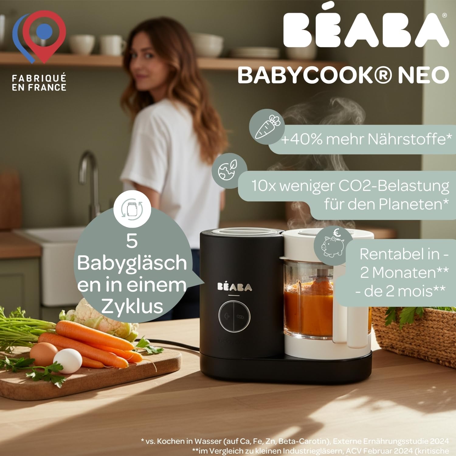 BÉABA Babycook Néo 6-in-1 Babynahrungszubereiter Dampfgarer Mixer Glas-Schüssel Edelstahl-Behälter Schwarz
